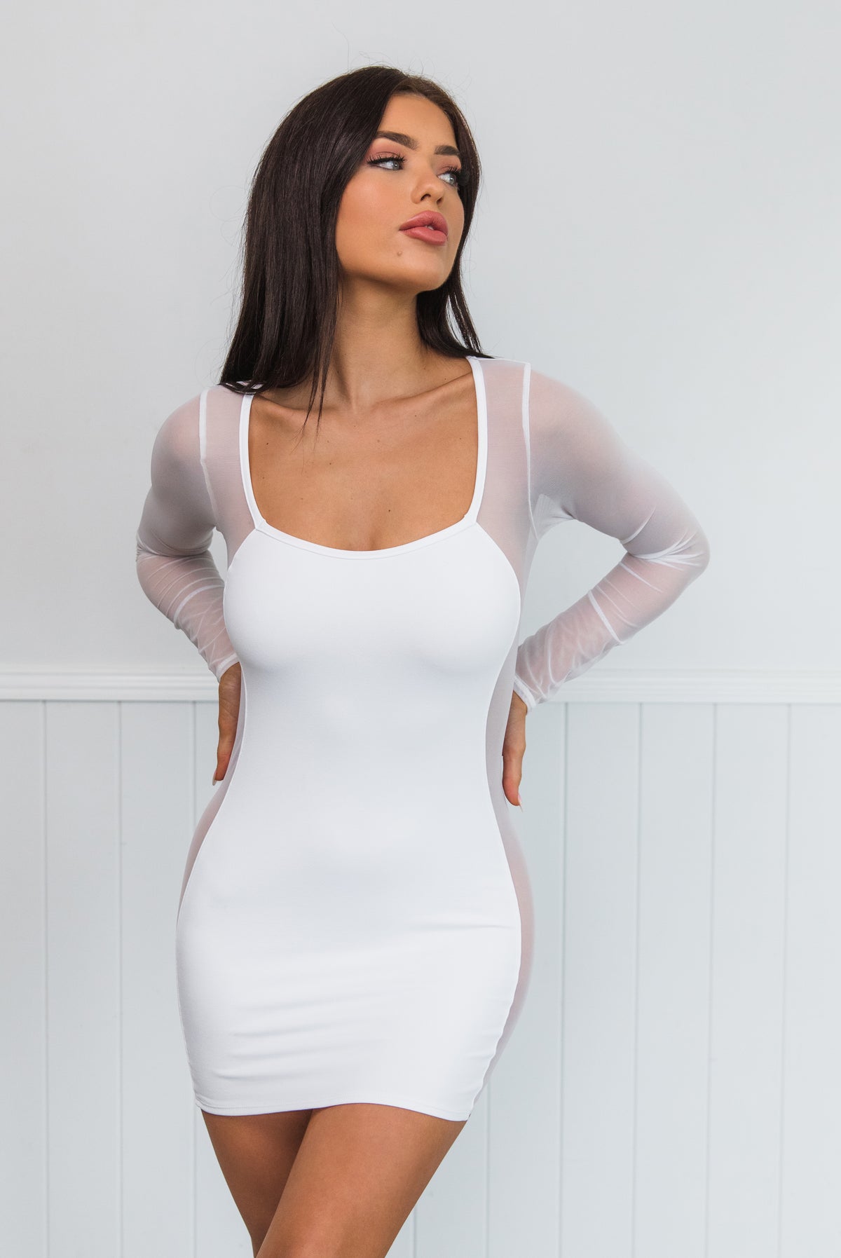 Dynasty Long Sleeve Panelled Mini Dress White Extra Large